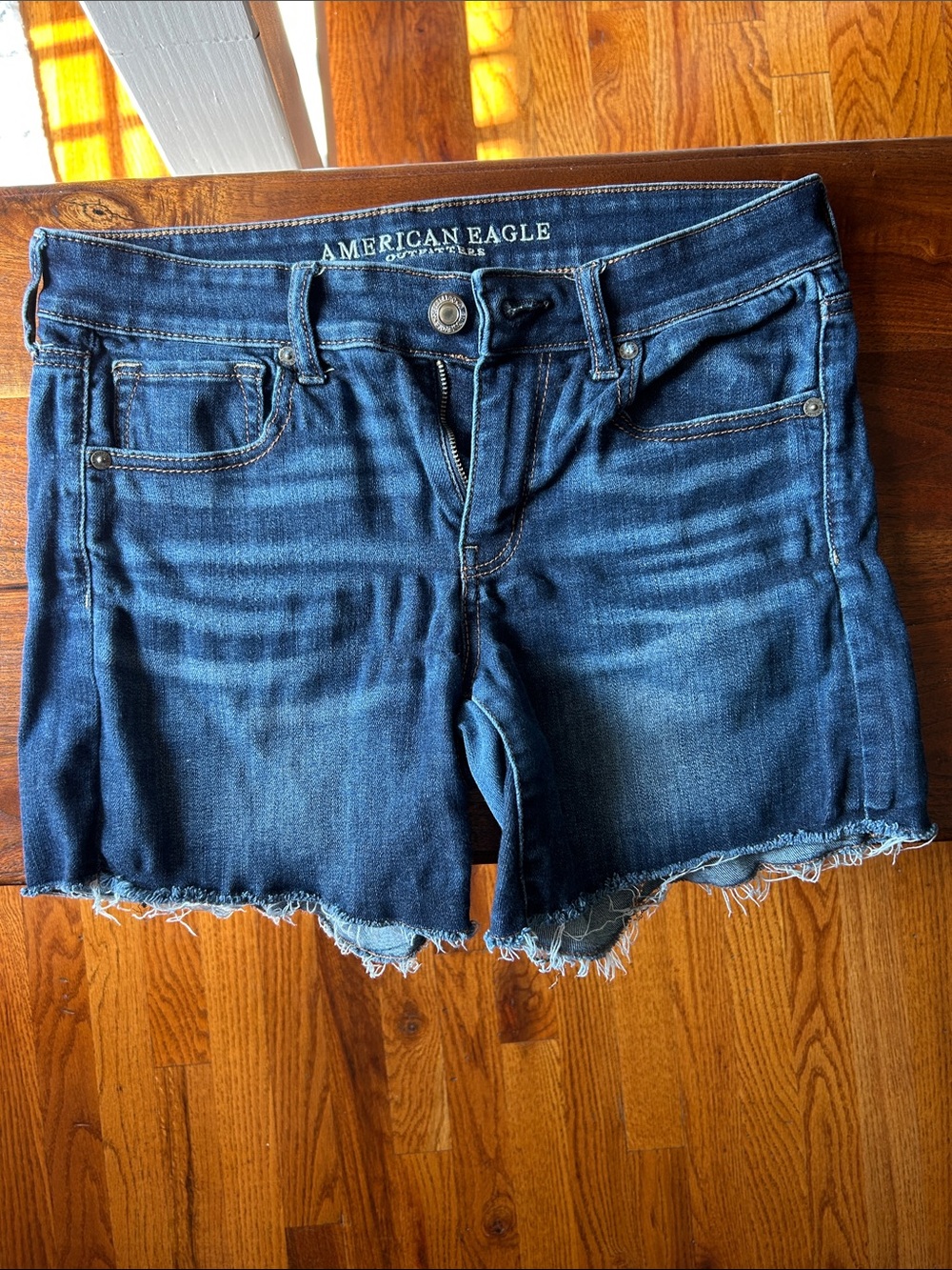 American Eagle Outfitters Midi Dark Blue Denim Cutoff Jean Shorts